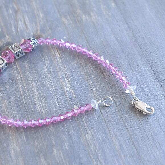 Sterling Silver 925 Mom Bracelet Pink Crystal Beads Cube Letter Beads 7.5" - Picture 6 of 7